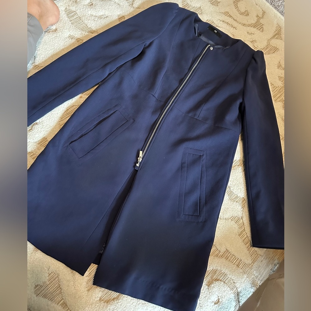 H&M navy blue collarless slant pocket fully lined zipper front peacoat jacket